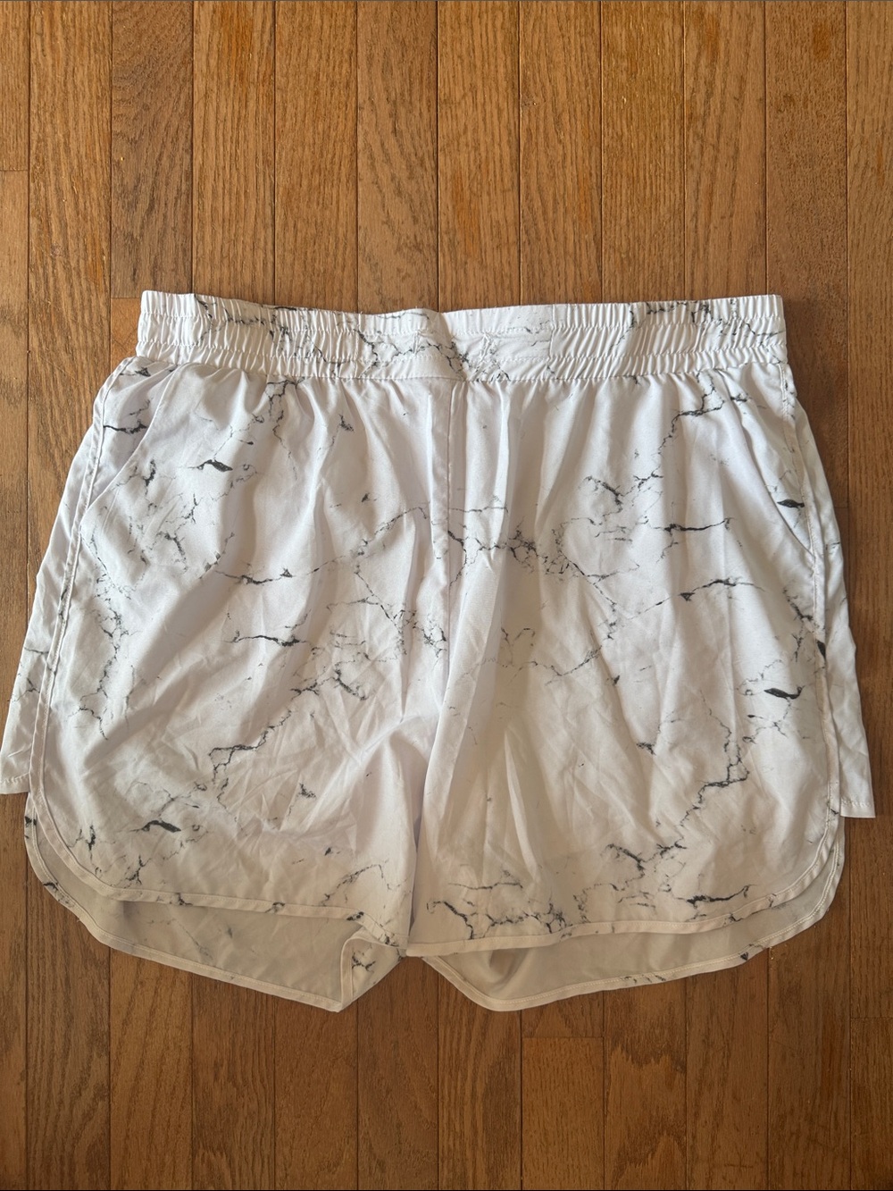 BuffBunny White Marble-Print Athletic Shorts